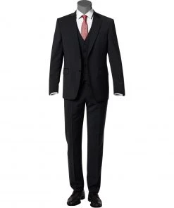 DIGEL Anzug 99832/120033+116062+160008/10 Anzug mit Weste, Modern Fit, Schurwolle Super100 Marzotto, Schwarz