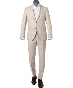 CG Anzug Paul SV+Paco 11-077N3/225222+230053/22 Slim Fit, Leinen-Wolle, Beige kariert, Hellbeige